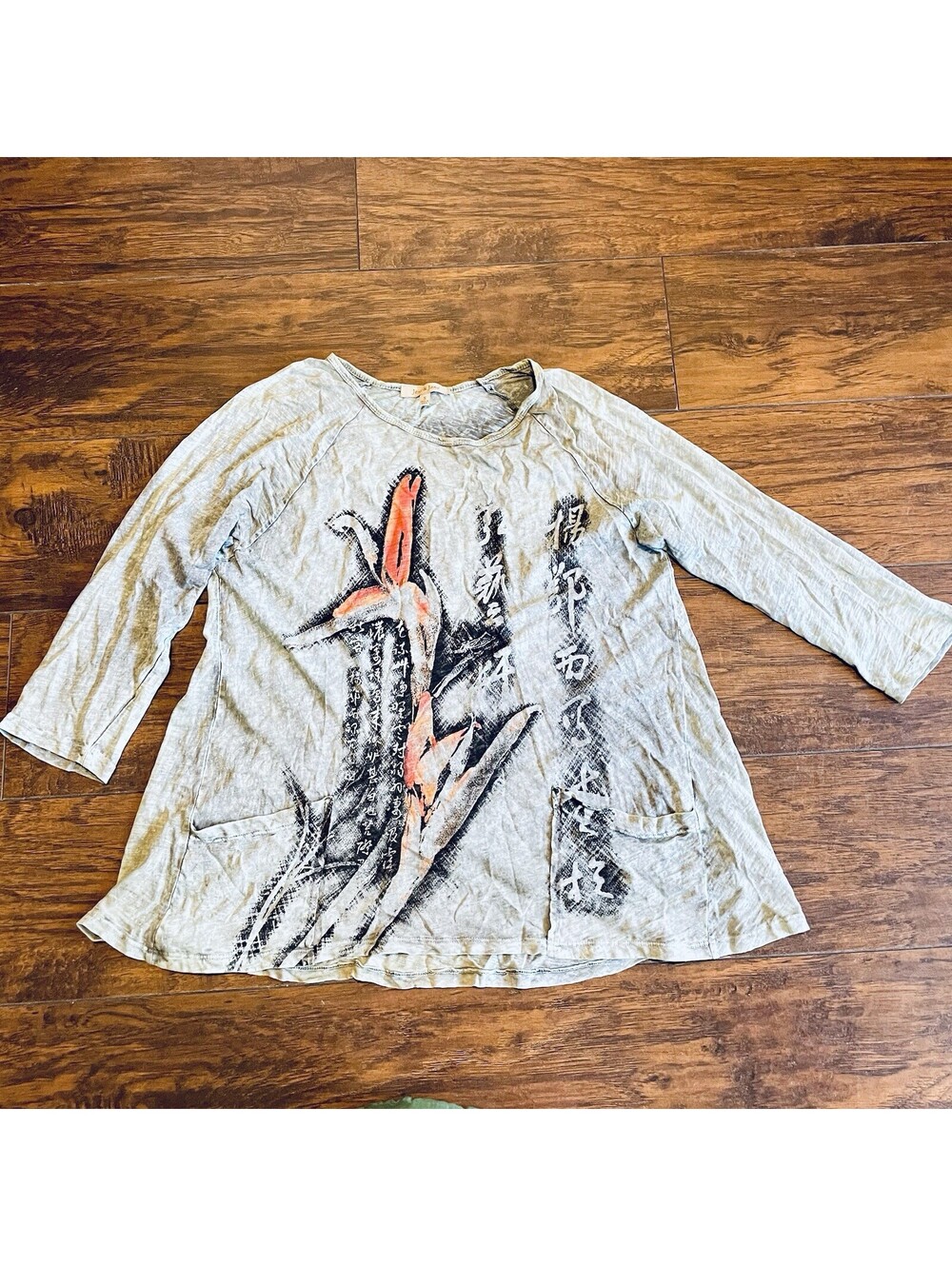Jess & Jane Art To Wear Cotton Top Sz S Oversize Fit Made In USA Gray Dragonfly